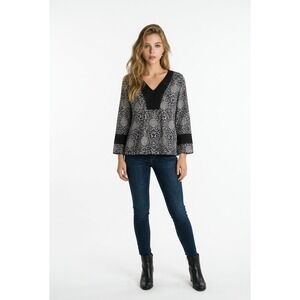 Tory Burch Black White Medallion Crochet Lace Trim V-Neck Tunic Top Womens S